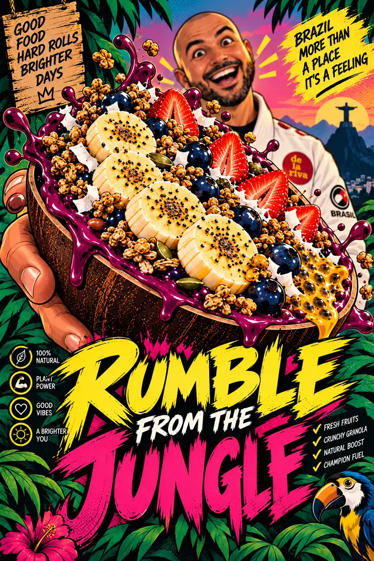 Farbenfrohes Comicmotiv: eine große Açaí-Bowl mit Früchten vor einer brasilianischen Kulisse. Aufschrift: Rumble from the Jungle!